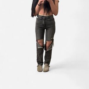 PacSun Women's High-Rise Distressed Straight-Leg Jeans - Charcoal Black